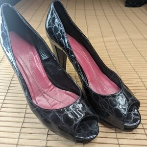 kate spade new york shoes black alligator embossed leather 4" heels open toe wom